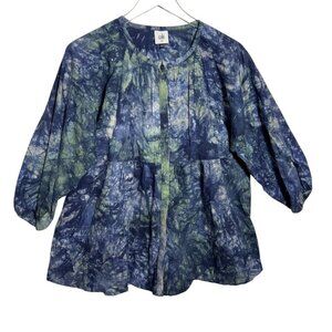 CAbi Woodstock Top XS #5714 Blue Green Linen Tie Dye Boho 3/4 Sleeve Blouse
